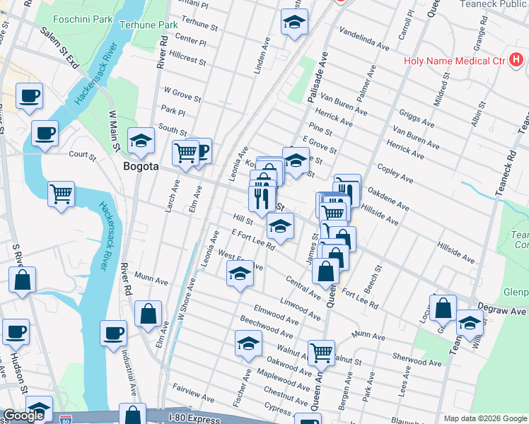 map of restaurants, bars, coffee shops, grocery stores, and more near 300 Palisade Avenue in Bogota