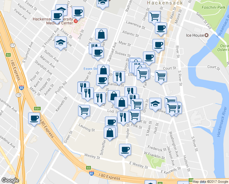 map of restaurants, bars, coffee shops, grocery stores, and more near 63 Hobart Street in Hackensack