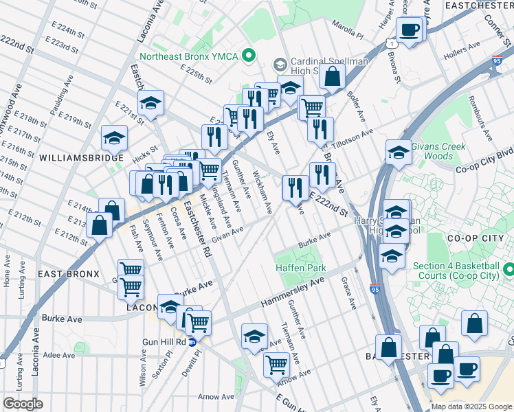 map of restaurants, bars, coffee shops, grocery stores, and more near 3322 Gunther Avenue in Bronx