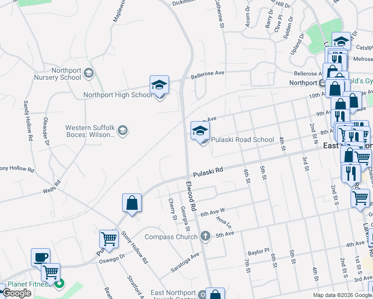 map of restaurants, bars, coffee shops, grocery stores, and more near 147 Elwood Road in East Northport