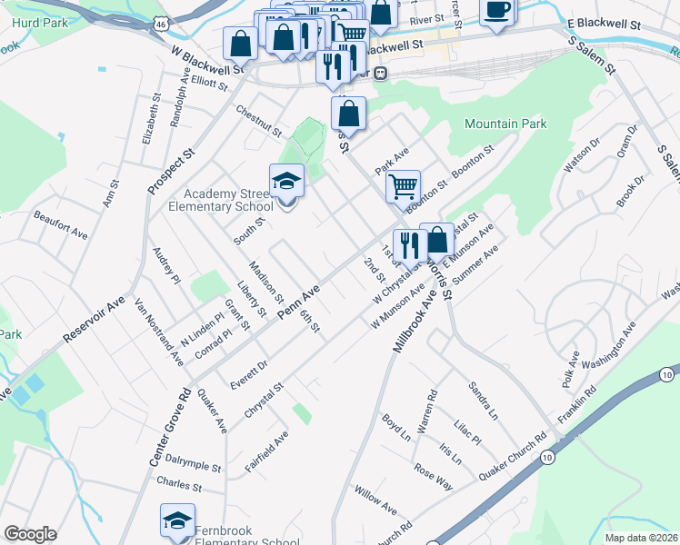 map of restaurants, bars, coffee shops, grocery stores, and more near 70 Penn Ave in Dover
