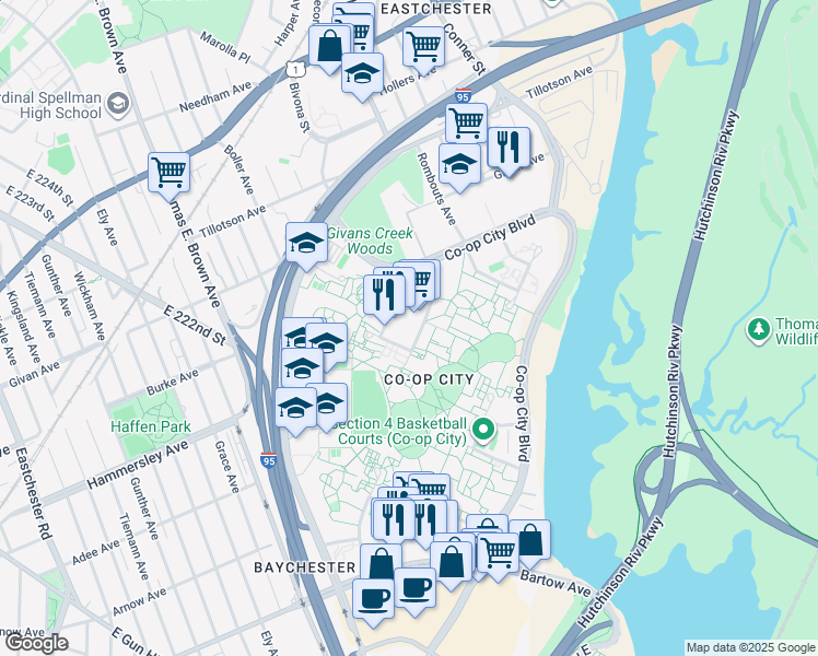 map of restaurants, bars, coffee shops, grocery stores, and more near 115 Dreiser Loop in Bronx