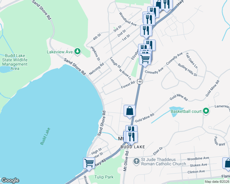 map of restaurants, bars, coffee shops, grocery stores, and more near 32 Forest Road in Mount Olive