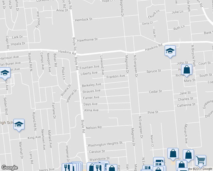 map of restaurants, bars, coffee shops, grocery stores, and more near 32 Berkeley Avenue in Selden