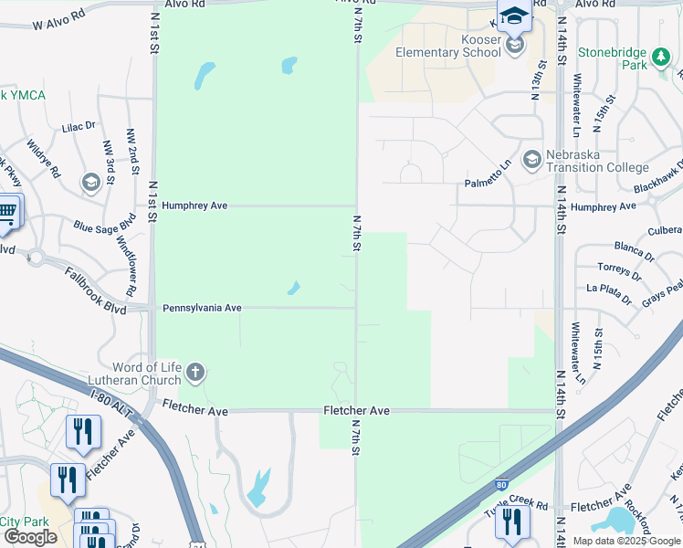 map of restaurants, bars, coffee shops, grocery stores, and more near 6501 North 7th Street in Lincoln