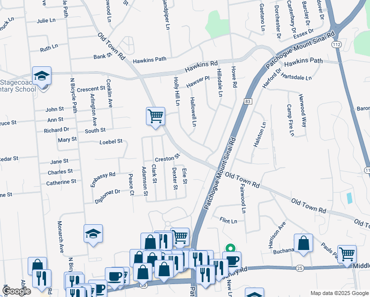 map of restaurants, bars, coffee shops, grocery stores, and more near 1015 Old Town Road in Coram