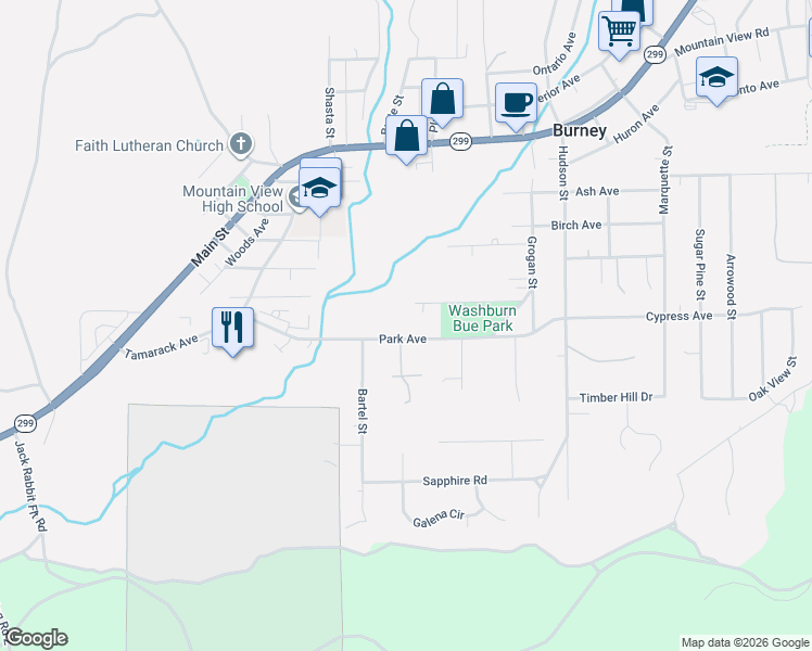 map of restaurants, bars, coffee shops, grocery stores, and more near 37080 Park Avenue in Burney