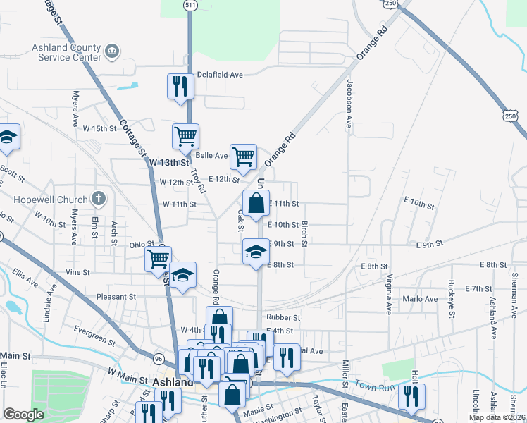 map of restaurants, bars, coffee shops, grocery stores, and more near 1019 Union St in Ashland