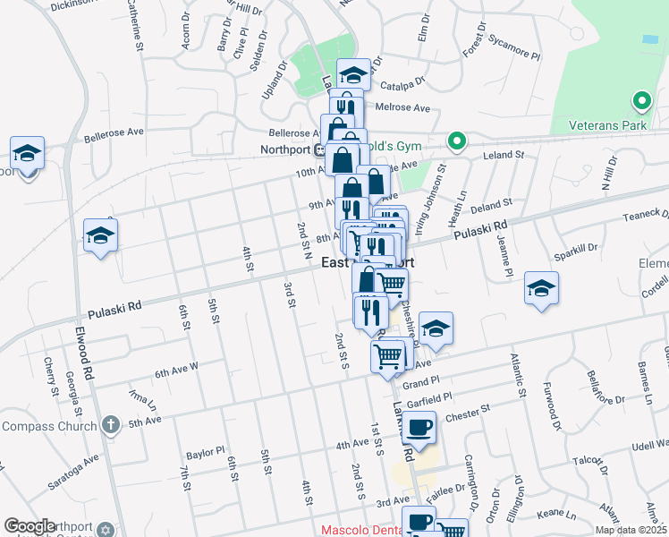 map of restaurants, bars, coffee shops, grocery stores, and more near 615 1st St N in East Northport