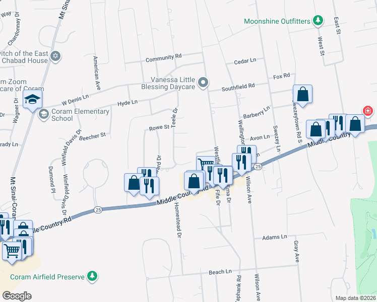 map of restaurants, bars, coffee shops, grocery stores, and more near 6 Hayden Court in Coram