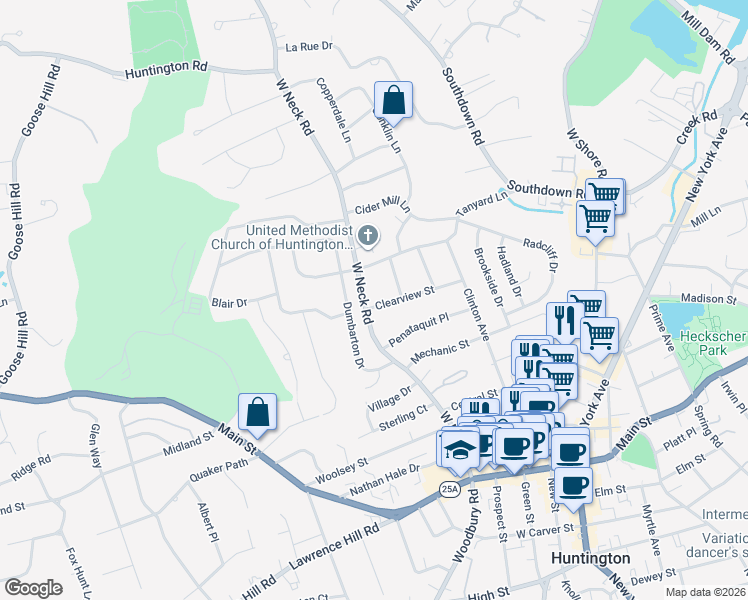 map of restaurants, bars, coffee shops, grocery stores, and more near 36 Dumbarton Drive in Huntington