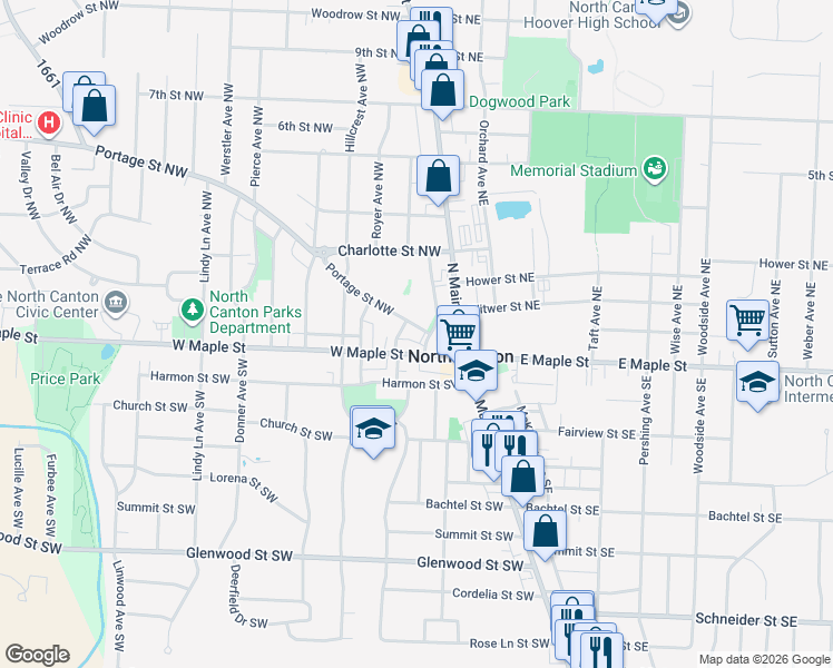 map of restaurants, bars, coffee shops, grocery stores, and more near 185 Ream Street Northwest in North Canton