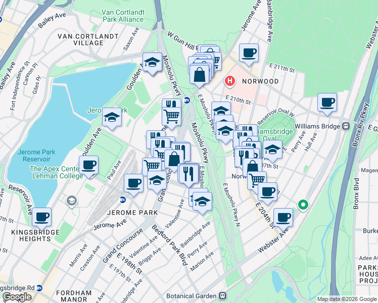 map of restaurants, bars, coffee shops, grocery stores, and more near 186 Saint Georges Crescent in The Bronx