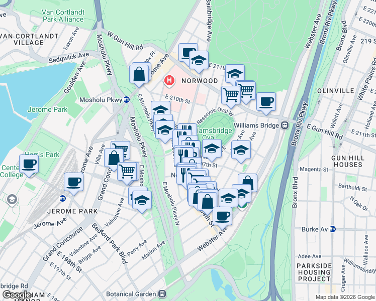 map of restaurants, bars, coffee shops, grocery stores, and more near 3228 Bainbridge Avenue in Bronx