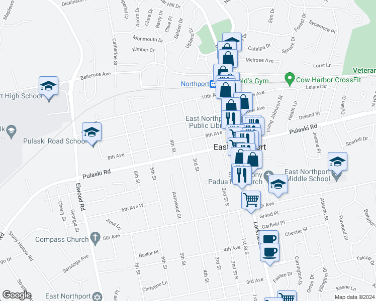 map of restaurants, bars, coffee shops, grocery stores, and more near 304 Pulaski Road in East Northport