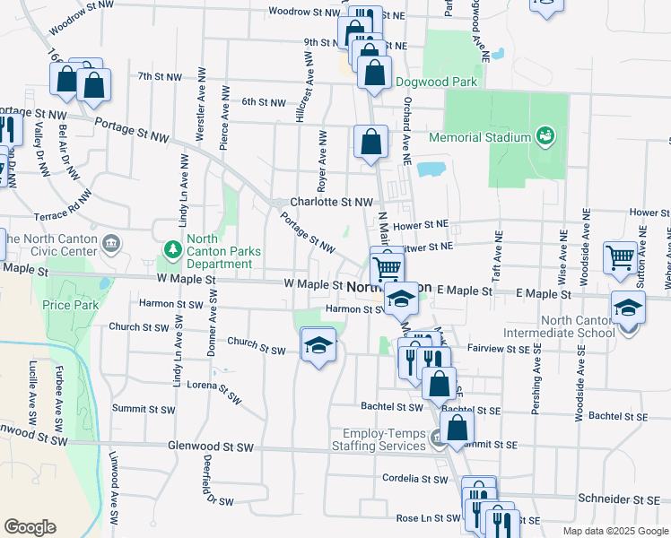 map of restaurants, bars, coffee shops, grocery stores, and more near 119 Mohler Court Northwest in North Canton