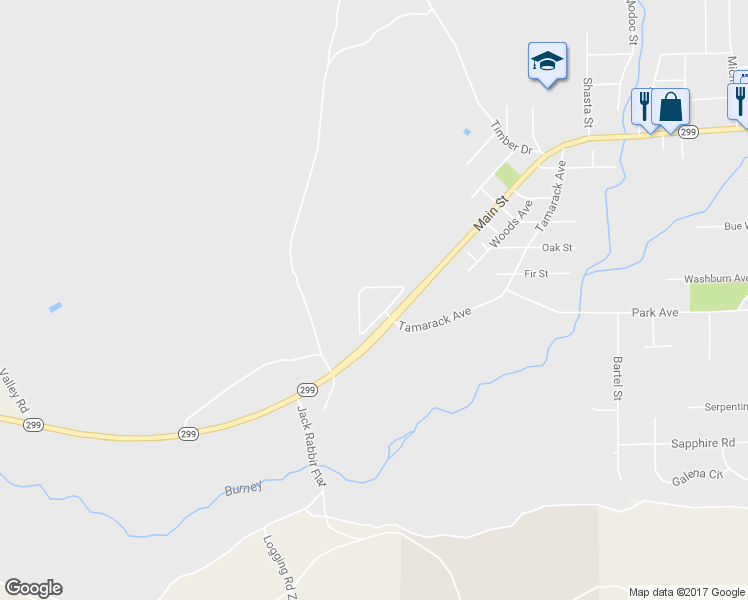 map of restaurants, bars, coffee shops, grocery stores, and more near 36766 State Highway 299 East in Burney