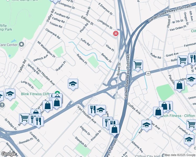 map of restaurants, bars, coffee shops, grocery stores, and more near 166 Rutgers Place in Clifton