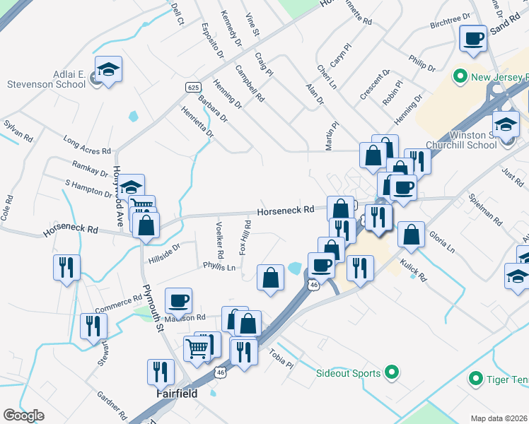 map of restaurants, bars, coffee shops, grocery stores, and more near 1 Fox Hill Road in Fairfield