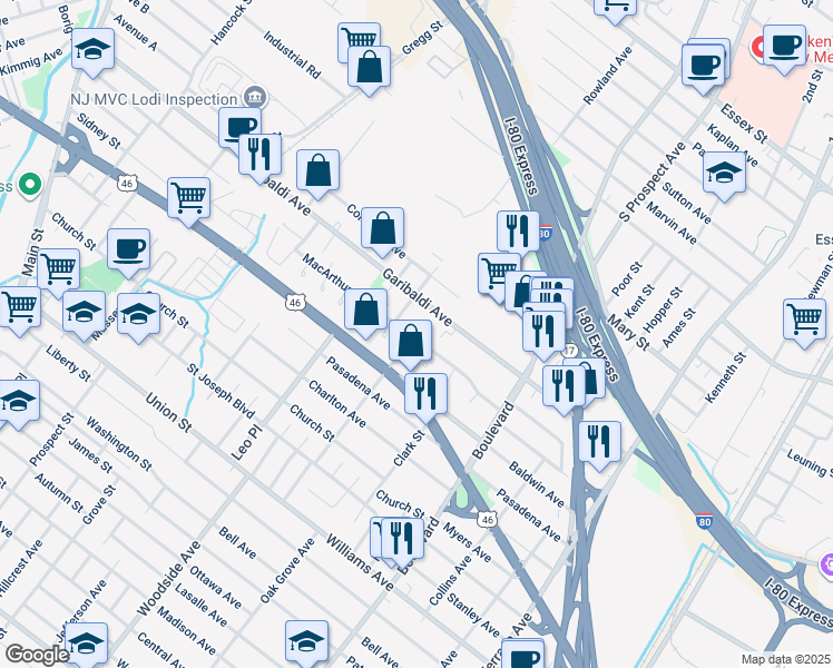 map of restaurants, bars, coffee shops, grocery stores, and more near 1 MacArthur Avenue in Lodi