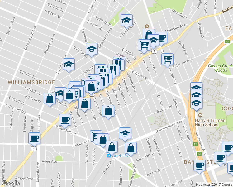 map of restaurants, bars, coffee shops, grocery stores, and more near 1600 Tillotson Avenue in Bronx