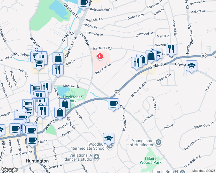 map of restaurants, bars, coffee shops, grocery stores, and more near 12 Cannon Court in Huntington