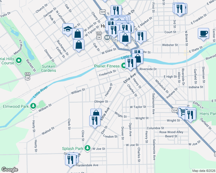map of restaurants, bars, coffee shops, grocery stores, and more near 521 William Street in Huntington