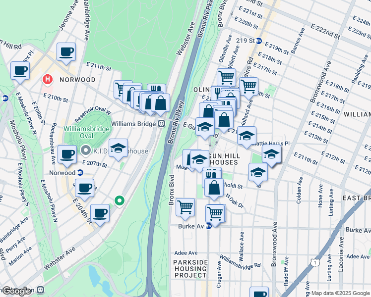 map of restaurants, bars, coffee shops, grocery stores, and more near 679 Duncomb Avenue in Bronx