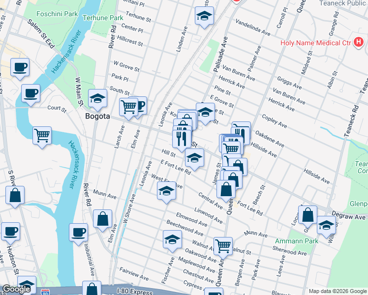 map of restaurants, bars, coffee shops, grocery stores, and more near 300 Palisade Avenue in Bogota