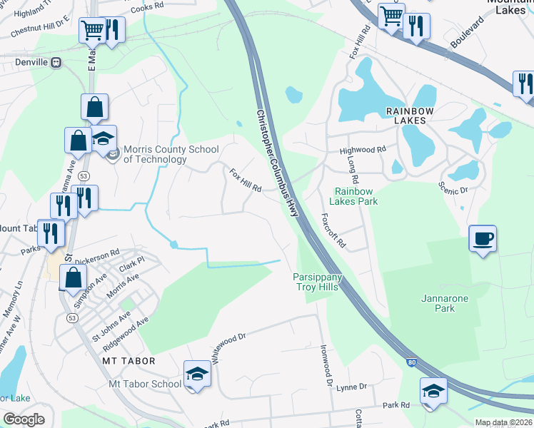 map of restaurants, bars, coffee shops, grocery stores, and more near 38 Fox Run in Denville