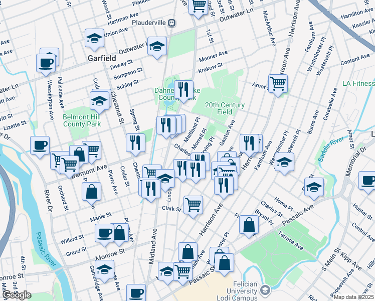 map of restaurants, bars, coffee shops, grocery stores, and more near 200 Charles Street in Garfield