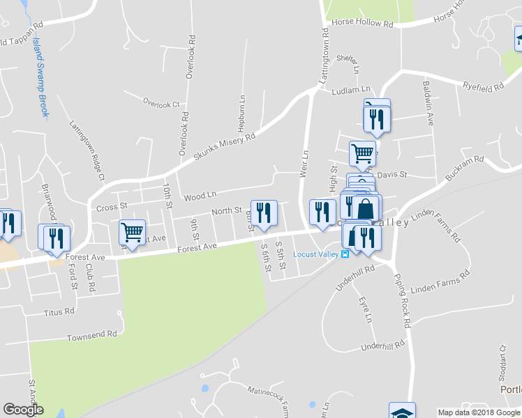 map of restaurants, bars, coffee shops, grocery stores, and more near 41 5th Street in Locust Valley