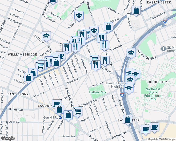map of restaurants, bars, coffee shops, grocery stores, and more near 3304 Wickham Avenue in Bronx