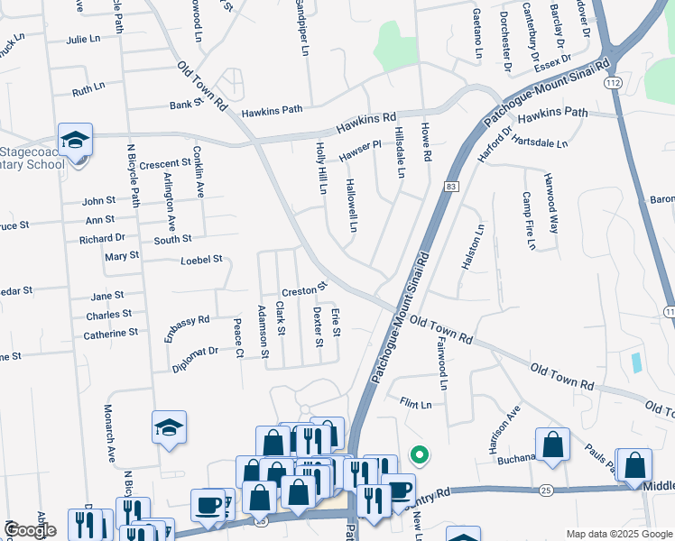 map of restaurants, bars, coffee shops, grocery stores, and more near 1015 Old Town Road in Coram