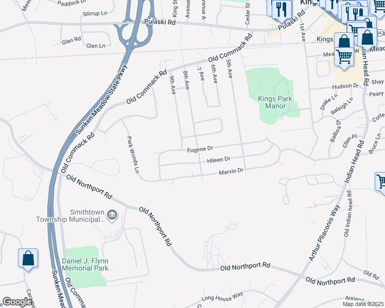 map of restaurants, bars, coffee shops, grocery stores, and more near 146 8th Avenue in Kings Park
