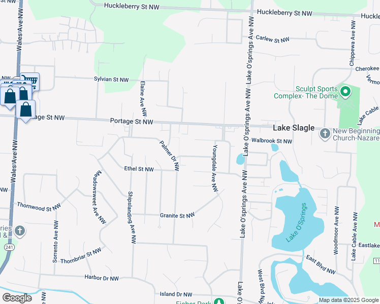 map of restaurants, bars, coffee shops, grocery stores, and more near 6219 Fernwood Street Northwest in Canton