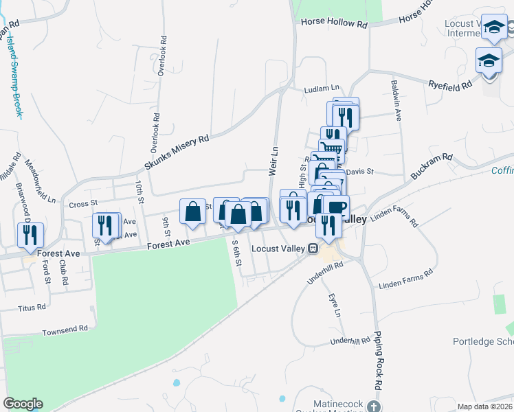 map of restaurants, bars, coffee shops, grocery stores, and more near 38 West 4th Street in Locust Valley