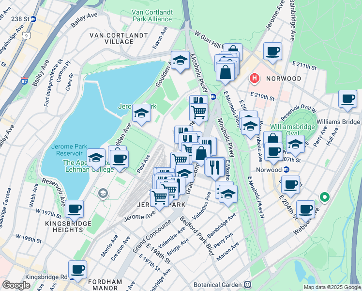 map of restaurants, bars, coffee shops, grocery stores, and more near in Bronx