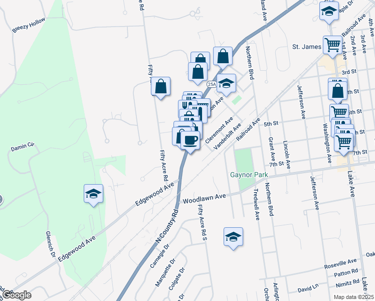 map of restaurants, bars, coffee shops, grocery stores, and more near 416 North Country Road in Saint James