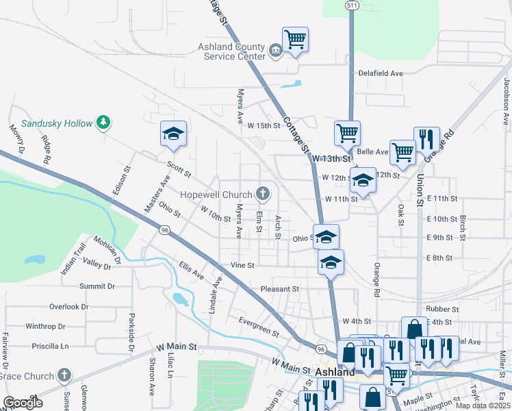 map of restaurants, bars, coffee shops, grocery stores, and more near 1020 Elm Street in Ashland