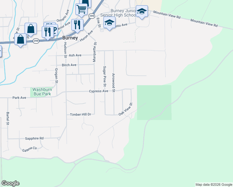 map of restaurants, bars, coffee shops, grocery stores, and more near 20197 Arrowood St in Burney