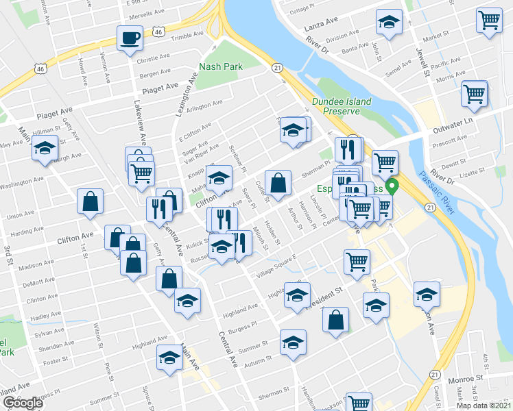 map of restaurants, bars, coffee shops, grocery stores, and more near 13 Sears Place in Clifton