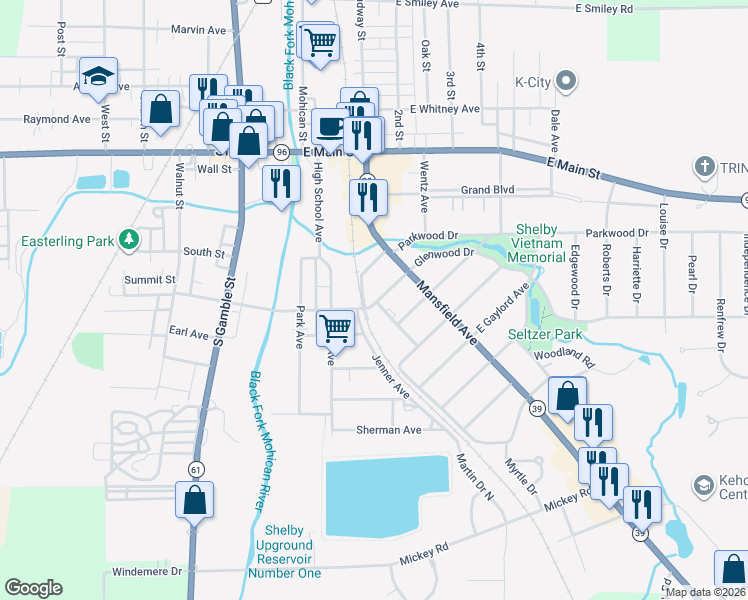 map of restaurants, bars, coffee shops, grocery stores, and more near 75-95 Franklin Avenue in Shelby