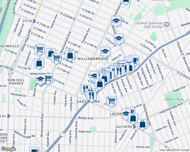 map of restaurants, bars, coffee shops, grocery stores, and more near 1147 East 214th Street in Bronx