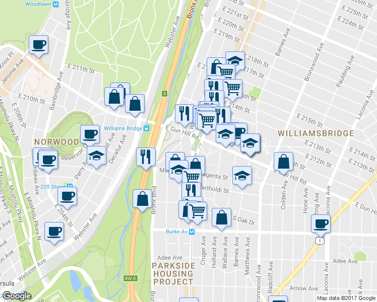 map of restaurants, bars, coffee shops, grocery stores, and more near 3439 White Plains Road in The Bronx