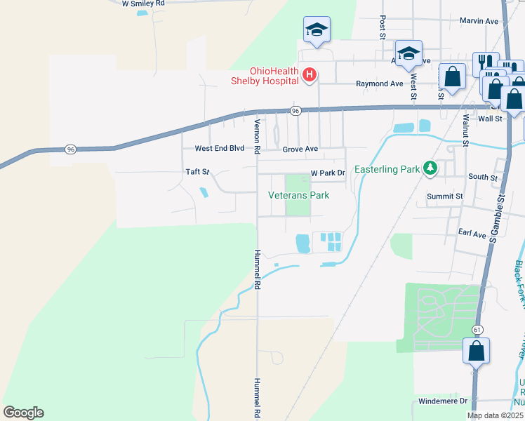 map of restaurants, bars, coffee shops, grocery stores, and more near 61 Vernon Rd in Shelby