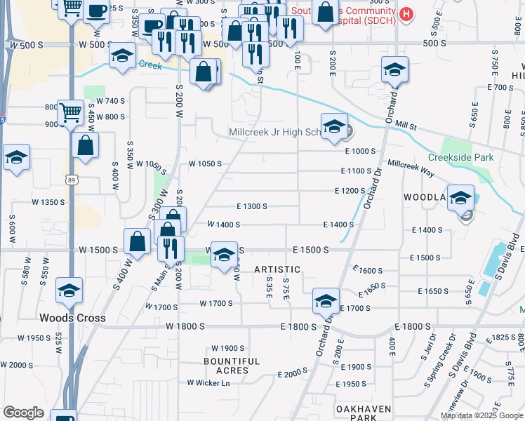 map of restaurants, bars, coffee shops, grocery stores, and more near 6 East 1300 South in Bountiful