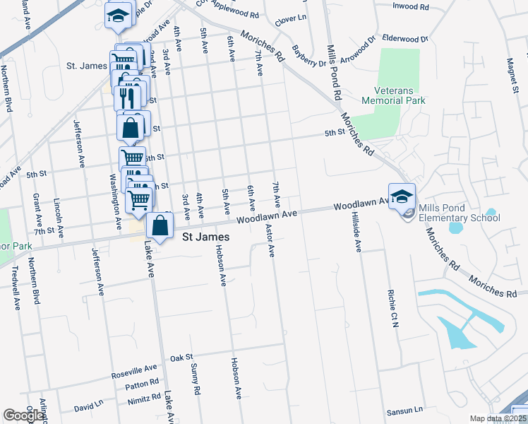 map of restaurants, bars, coffee shops, grocery stores, and more near 245 Woodlawn Avenue in Saint James