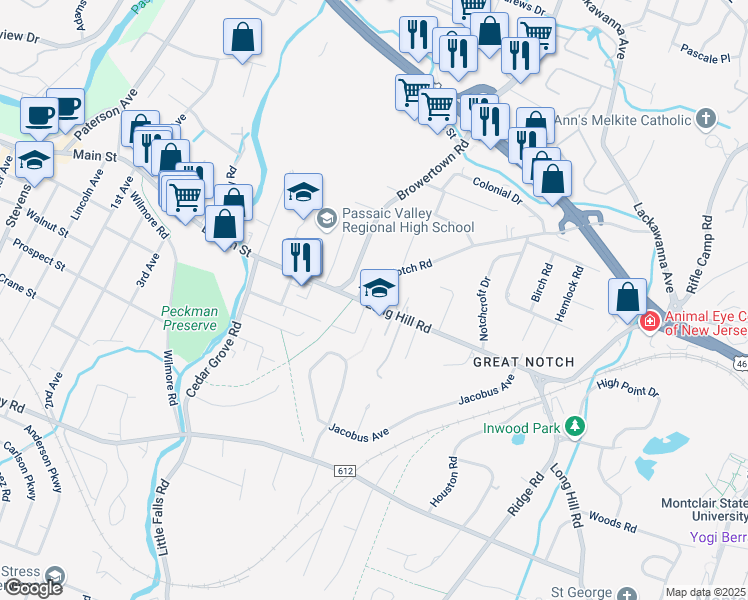 map of restaurants, bars, coffee shops, grocery stores, and more near 73 Long Hill Road in Little Falls