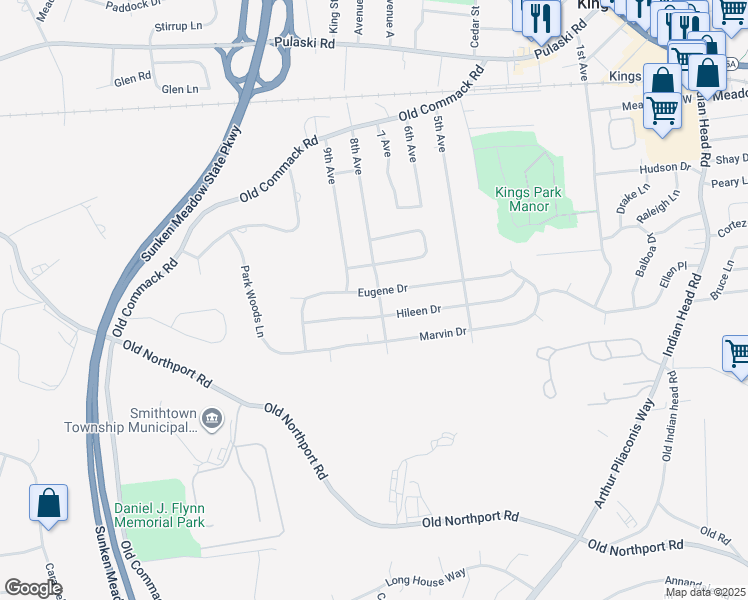 map of restaurants, bars, coffee shops, grocery stores, and more near 146 8th Avenue in Kings Park